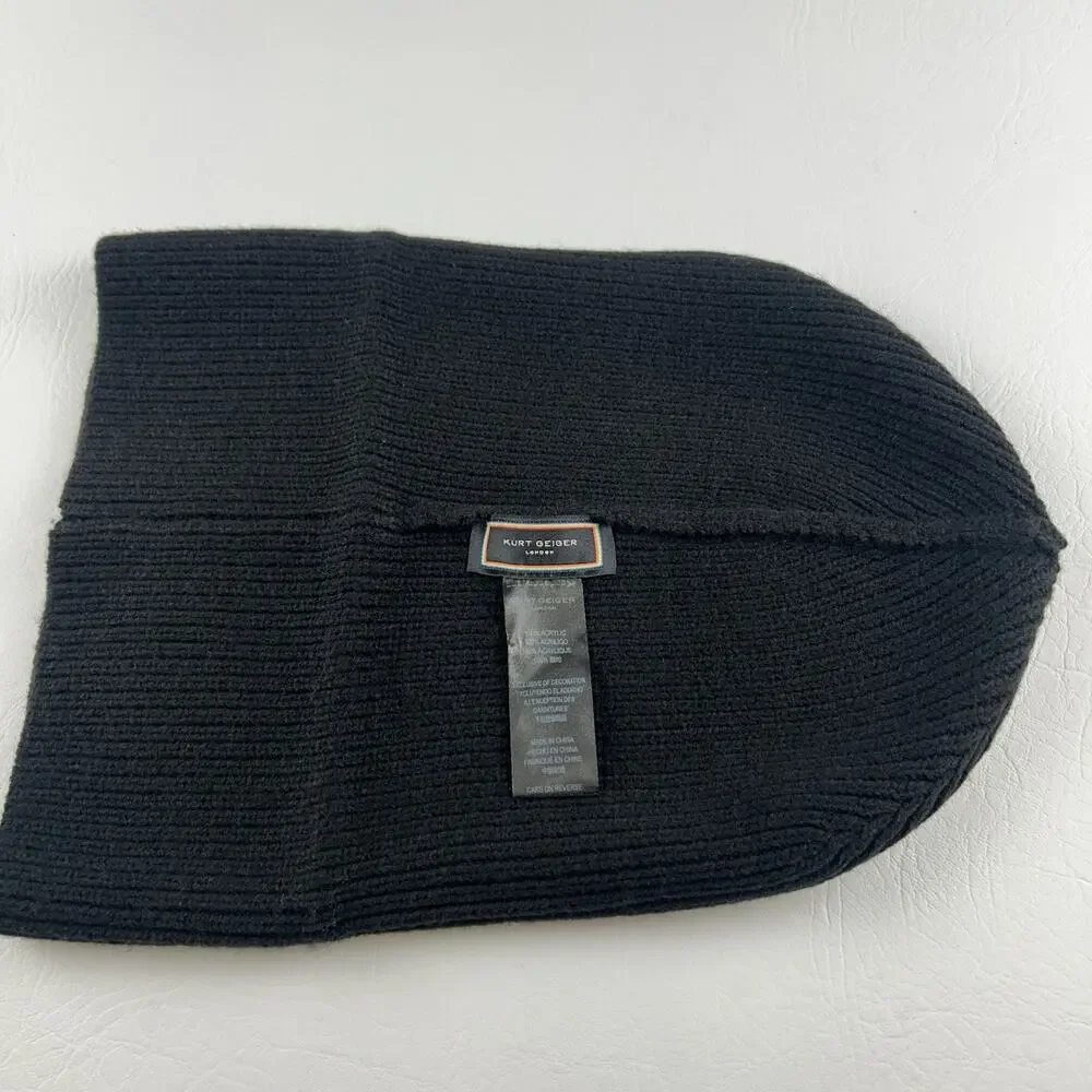Kurt Geiger London Black Ribbed Knit Beanie Multicolor Logo Patch Cuffed Hat